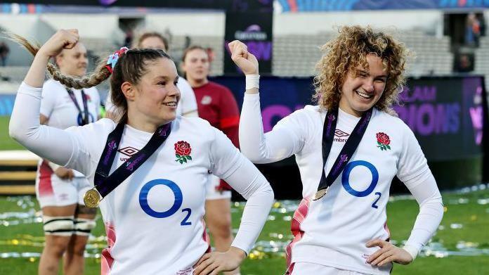 Jessica Breach and Ellie Kildunne celebrating after winning last year's Six Nations