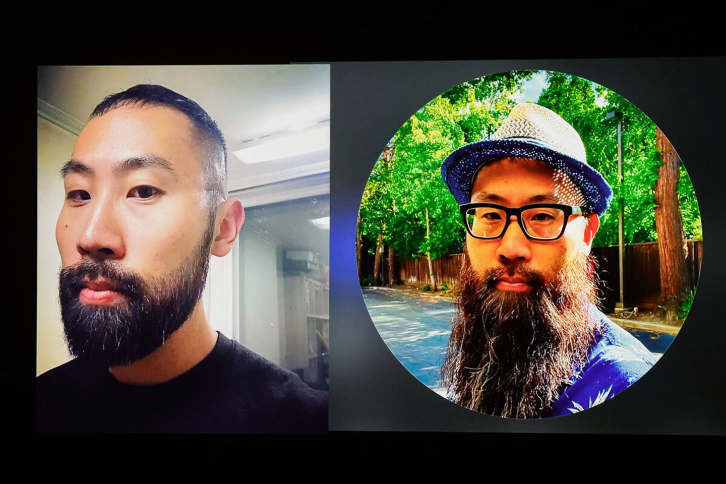 Police display photos of Paul Hyon Kim on a television screen during a press conference on Thursday, March 27, 2025, at Metro Police Headquarters. Kim, 36, was arrested in connection with the fires set at a Tesla service center the week prior.