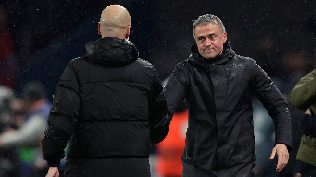 Luis Enrique shakes Pep Guardiola's hand