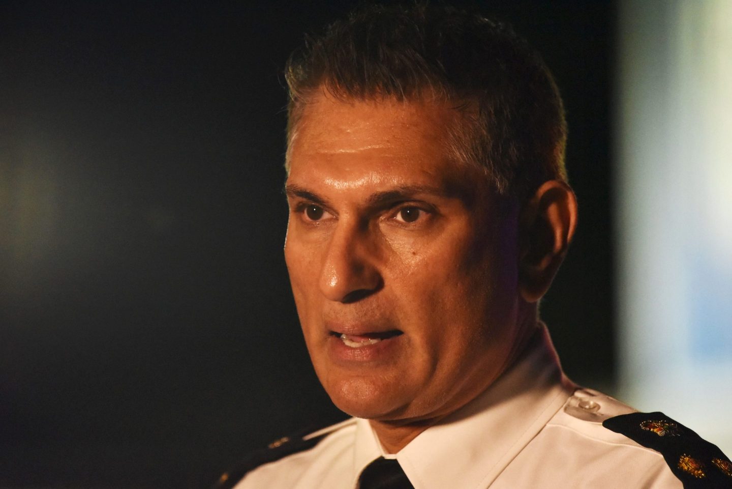 Steve Rai, Vancouver Police interim police chief, speaks during a news conference that there had been a vehicle and a suspect involved in an incident at the annual Lapu Lapu festival celebrating Filipino culture, at East 43rd Avenue and Fraser, in the south of Vancouver on April 26, 2025. Canadian police arrested a man on April 26 after a car plowed into a street party in the western city of Vancouver killing a number of people. Authorities said the incident happened shortly after 8:00 pm (0300 GMT Sunday) in Vancouver's Sunset on Fraser neighborhood as members of the Filipino community gathered to celebrate Lapu Lapu Day.