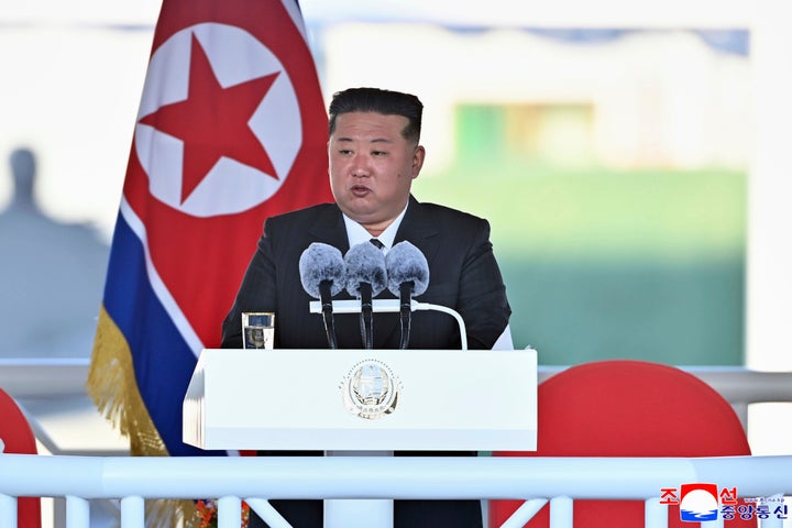 North Korean dictator Kim Jong Un speaks during a launching ceremony of a new naval destroyer at a western port in Nampo, North Korea.