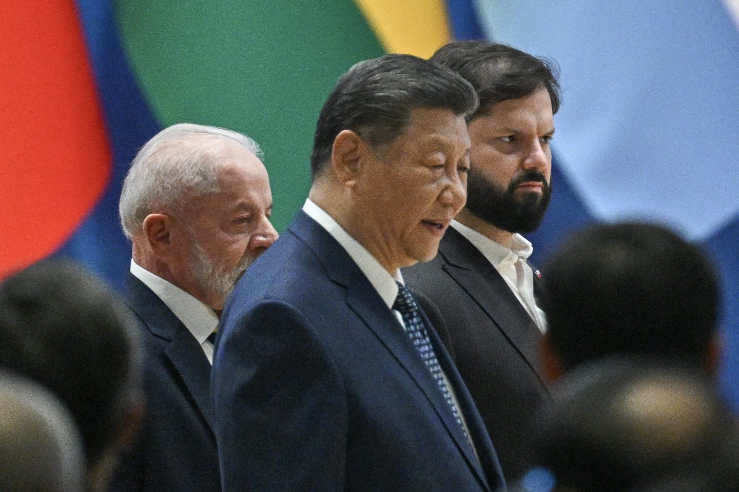 China's President Xi Jinping (C), Brazil's President Luiz Inacio Lula da Silva (L) and Chile's President Gabriel Boric attend the opening ceremony of the Fourth Ministerial Meeting of the Forum of China and Community of Latin American and Caribbean States (CELAC), in Beijing on May 13, 2025. 