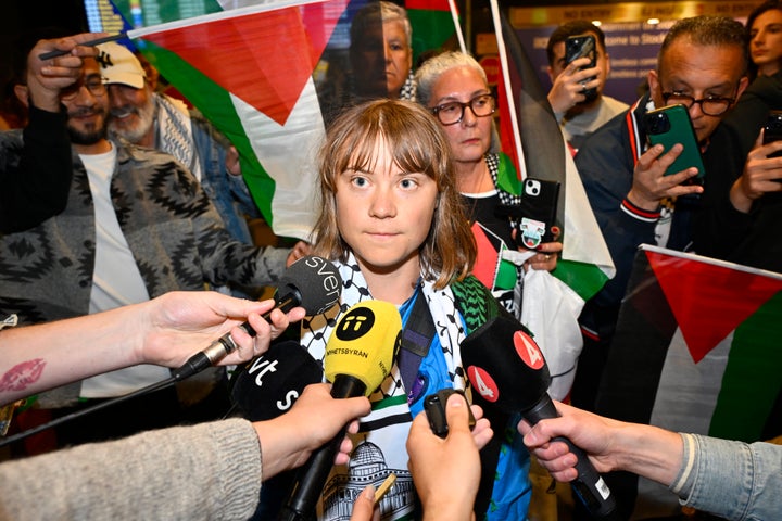 Swedish climate activist Greta Thunberg talks to journalists upon arriving at Stockholm-Arlanda airport, on June 10, 2025. Israel deported Thunberg after unlawfully detaining her on an aid boat set for Gaza with other 11 other activists.