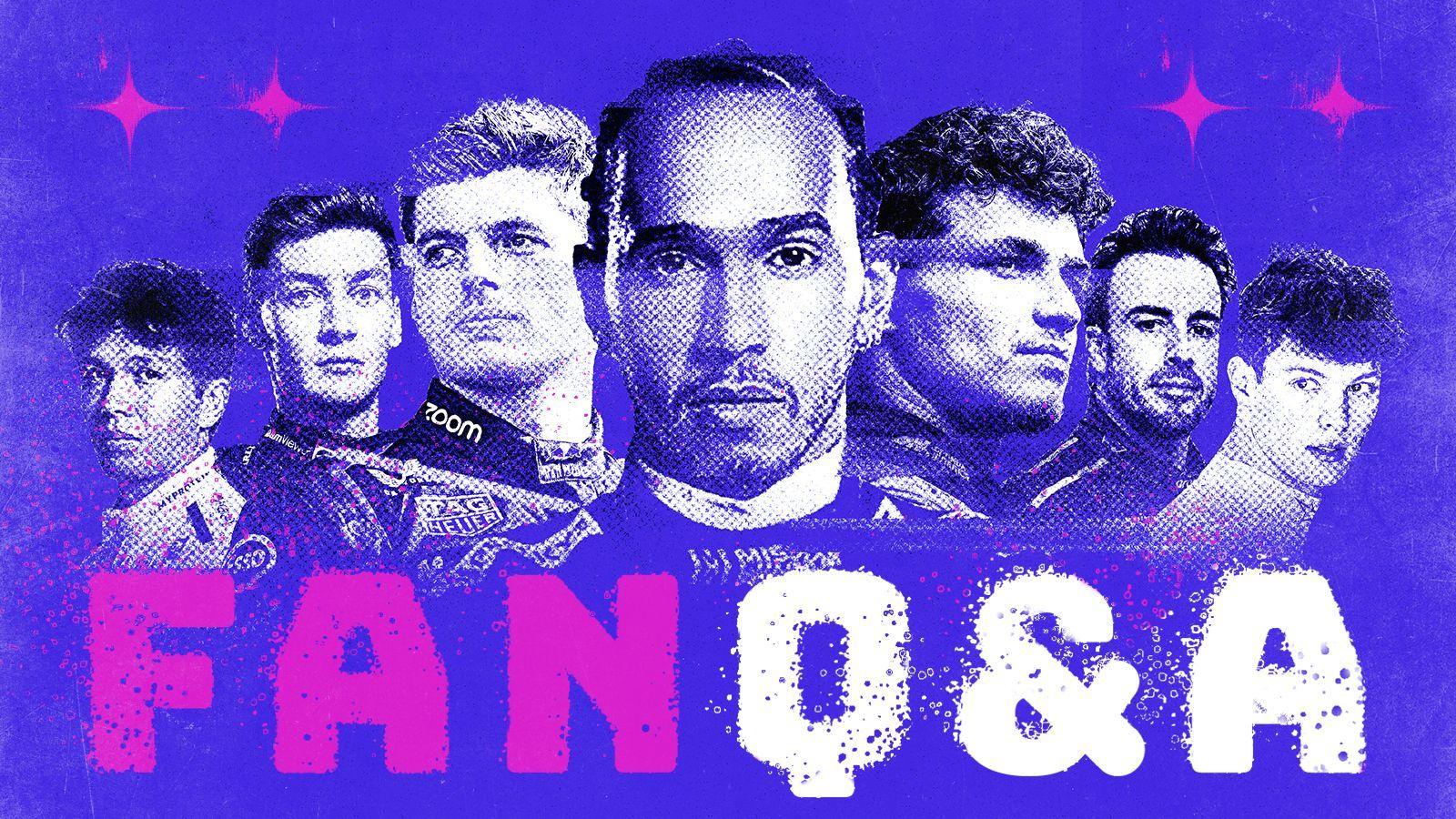 Graphic image of, from left to right, Alex Albon, George Russell, Max Verstappen, Lewis Hamilton, Lando Norris, Fernando Alonso and Oliver Bearman. It is on a blue background with 'Fan Q&A' below the drivers 