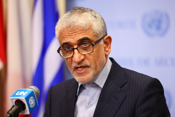 Ambassador Amir Saeid Iravani, Permanent Representative of Iran to the UN, speaks during a press conference at the United Nations headquarters on Monday in New York City.