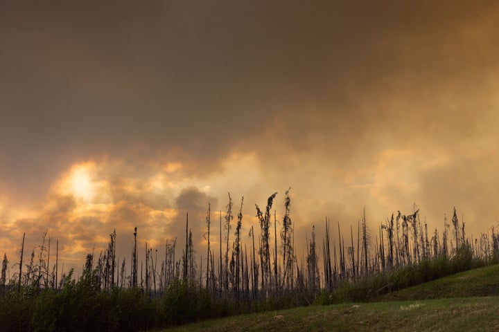 Wildfire smoke above Highway 97, north of the Buckinghorse River near Trutch, British Columbia, Canada, on Friday, May 30, 2025. (Photographer: Nasuna Stuart-Ulin/Bloomberg via Getty Images)