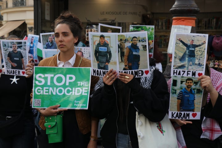 Demonstrators gather in front of AFP's headquarters in Paris back in May to denounce media coverage of the violence in Gaza and to pay tribute to the Palestinian journalists killed.