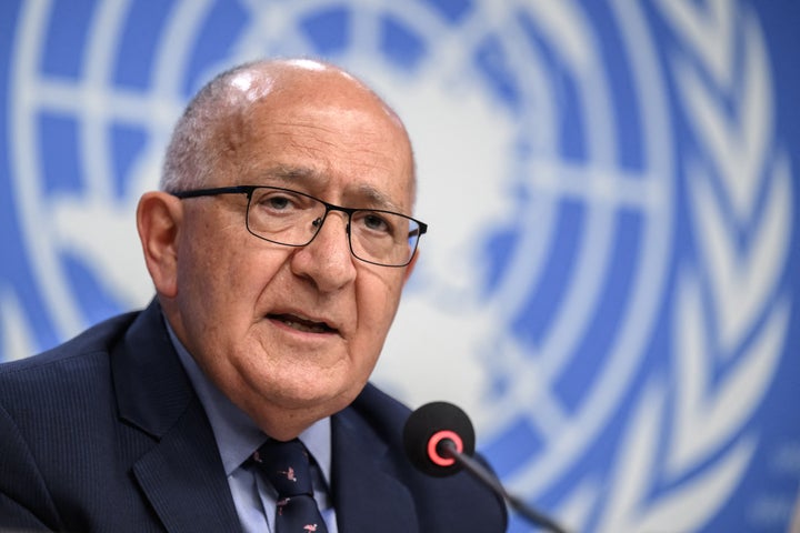 Chris Sidoti, who serves on the independent UN Commission of Inquiry on the Occupied Palestinian Territory, including East Jerusalem and Israel, speaks during a press conference in Geneva, on June 18, 2025.