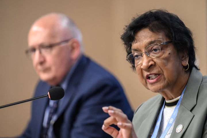South African judge Navi Pillay (R), chair of the independent UN Commission of Inquiry on the Occupied Palestinian Territory, including East Jerusalem and Israel, speaks next to fellow commission member Chris Sidoti during a press conference in Geneva, on June 18, 2025.