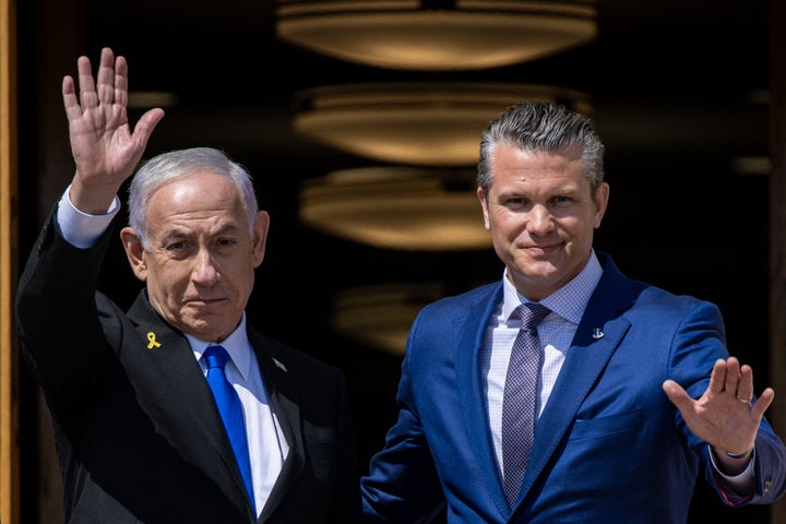 Israeli Prime Minister Benjamin Netanyahu and U.S. Secretary of Defense Pete Hegseth during an arrival ceremony at the Pentagon on July 9, 2025.