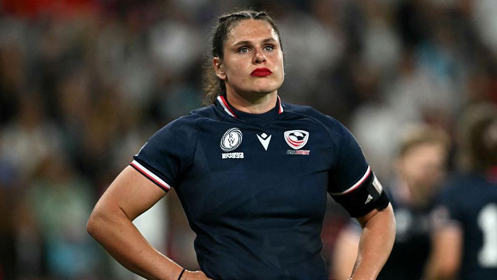 Ilona Maher stands with hands by her hips during the US team's defeat by England