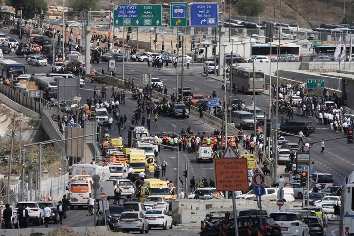 Israeli police and rescue teams respond at the scene of a shooting attack where several people killed and injured in Jerusalem, on Sept. 8, 2025.