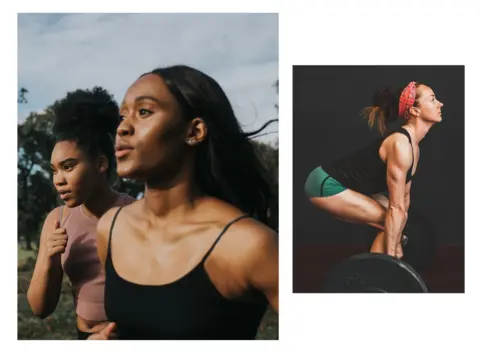 Two women running side by side and a separate pic of a woman lifting weight in a gym