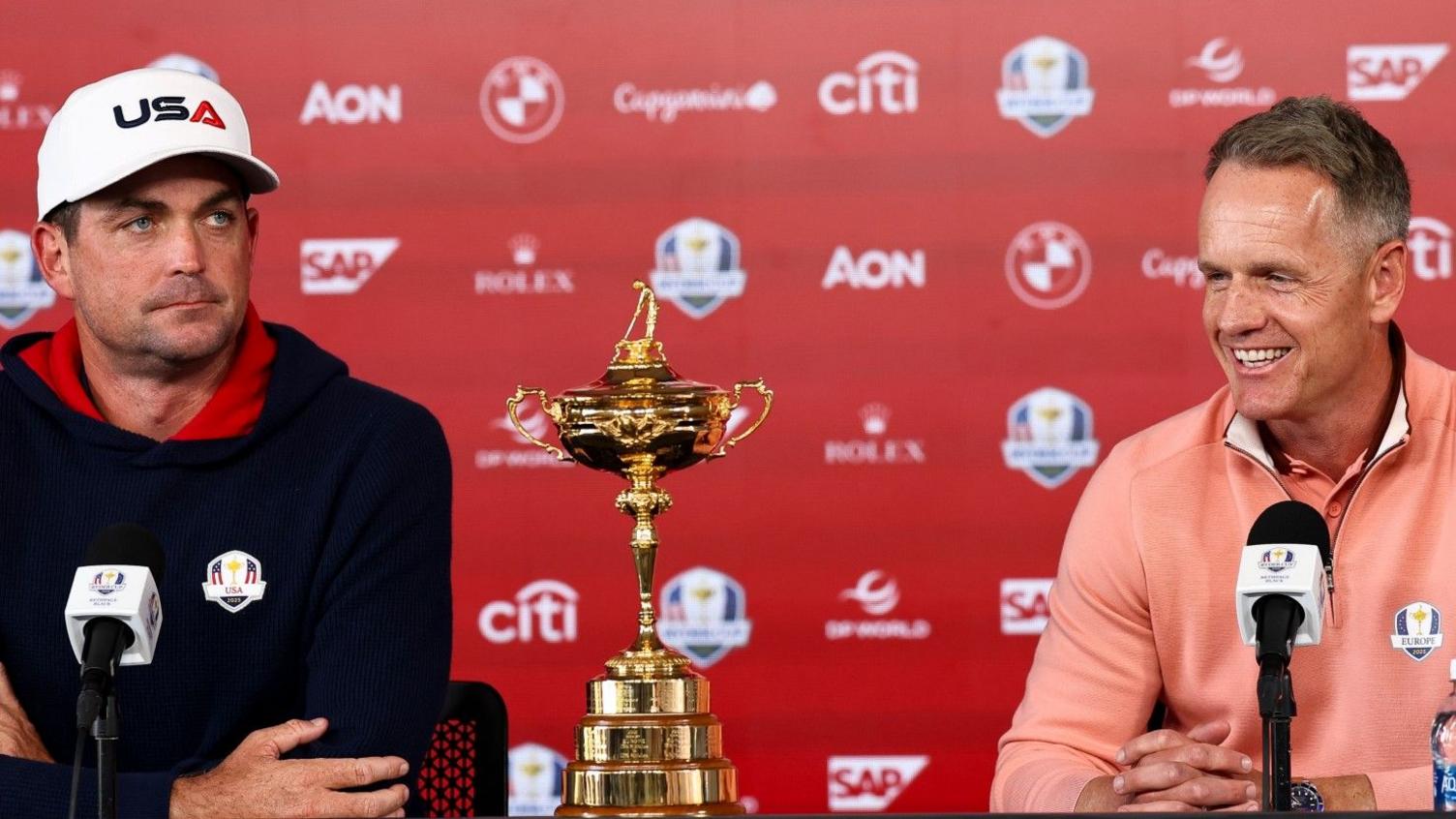 US Ryder Cup captain Keegan Bradley and Europe skipper Luke Donald with the Ryder Cup