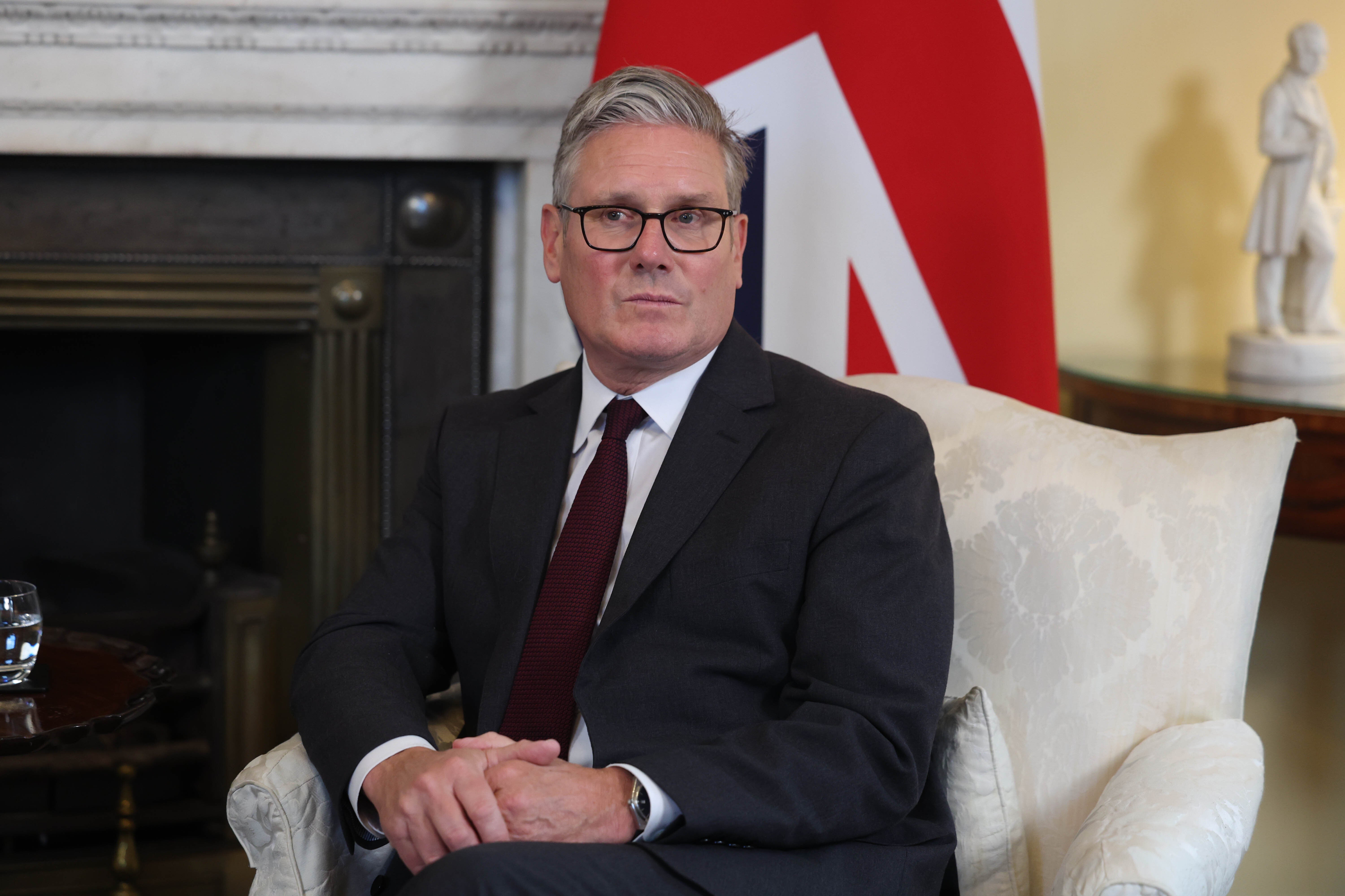 Keir Starmer, UK prime minster, during a meeting with Mark Rutte, secretary general of North Atlantic Treaty Organisation (NATO), not pictured, at 10 Downing Street in London, UK, on Tuesday, Sept. 9, 2025. Ukraine and its allies have intensified work on security guarantees after a meeting in Washington on Aug. 18. Photographer: Neil Hall/EPA/Bloomberg via Getty Images