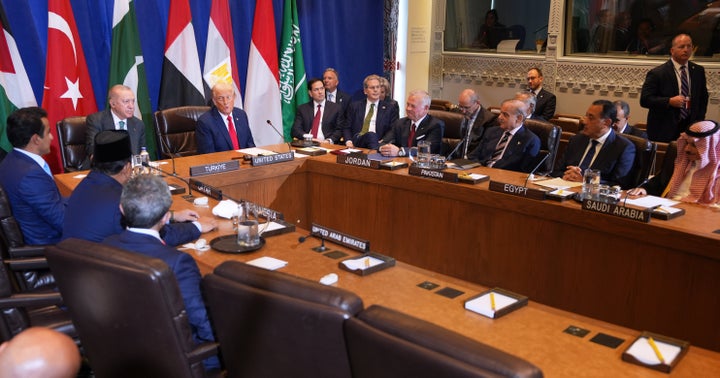 President Donald Trump speaks during a multilateral meeting with leaders of Qatar, Jordan, Turkey, Pakistan, Indonesia, Egypt, United Arab Emirates and Saudi Arabia, during the United Nations General Assembly in New York on Sept. 23, 2025.