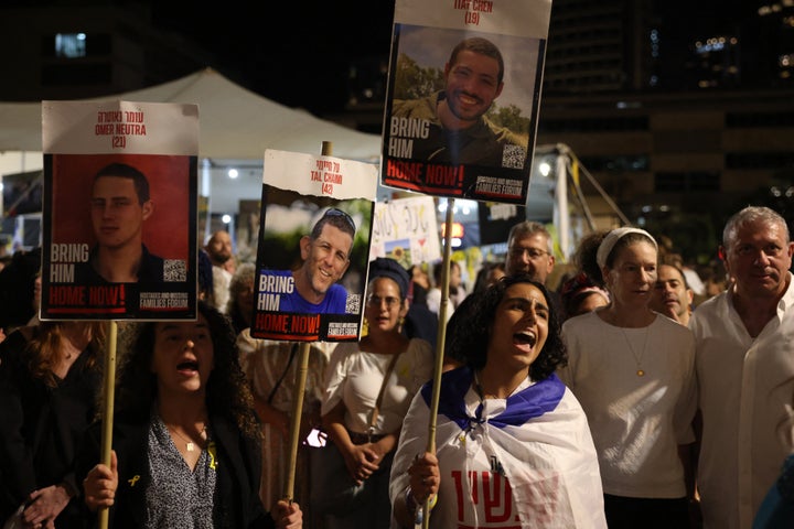 Israeli protesters gather at the Hostage Square in Tel Aviv on Oct.14, 2025, to call for the release of all the bodies of Israeli hostages being held in Gaza.