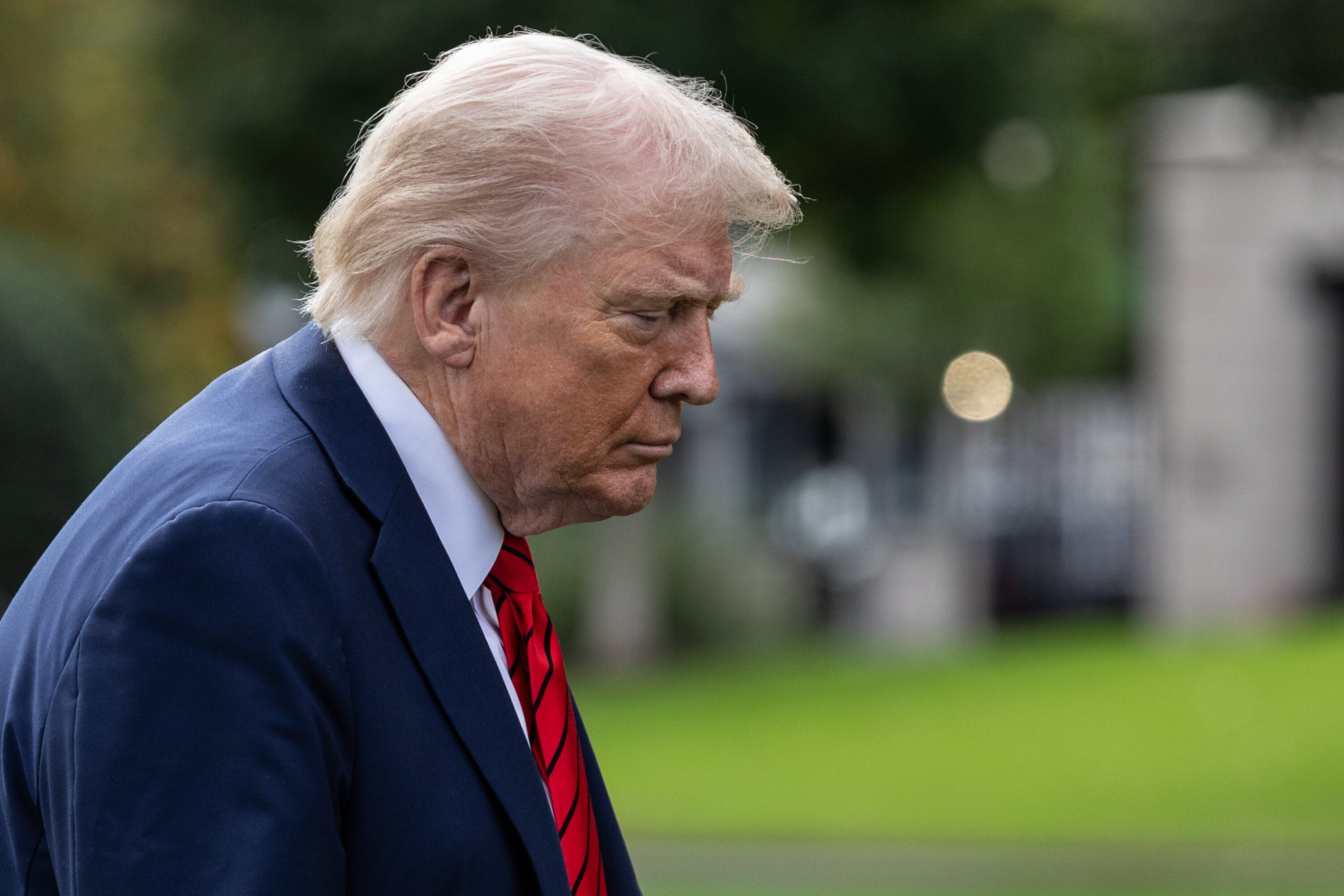 WASHINGTON, DC - OCTOBER 10: U.S. President Donald Trump returns to the White House following a visit to Walter Reed National Military Medical Center on October 10, 2025 in Washington, DC. President Trump traveled to Walter Reed to visit with troops and receive a medical check up. (Photo by Anna Rose Layden/Getty Images)