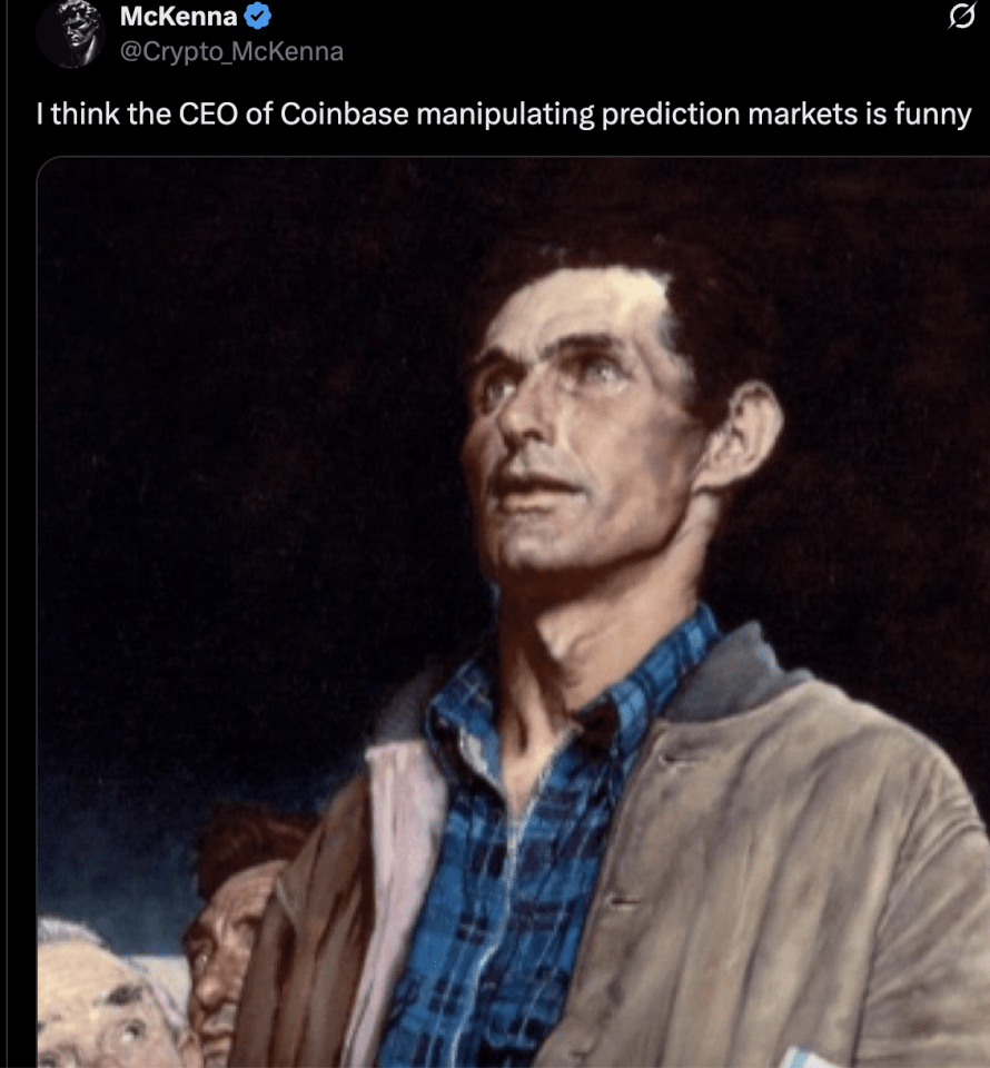A screenshot of a Twitter post making fun of Coinbase CEO's decision to sway prediction markets.
