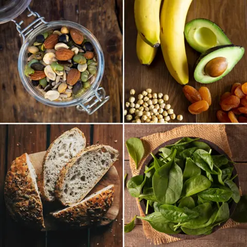Getty Images Seeds, nuts, whole grain breads, greens and fruit images