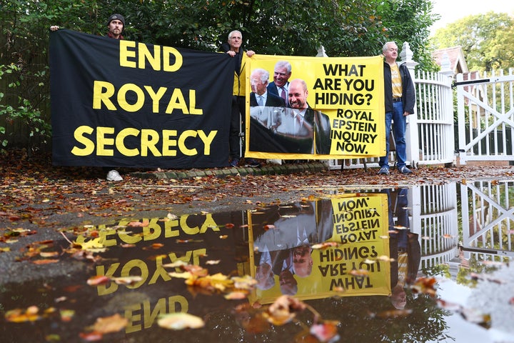 Activists from the anti-monarchy group, Republic, stage a protest at the entrance to Windsor Great Park and Royal Lodge where Prince Andrew lives.