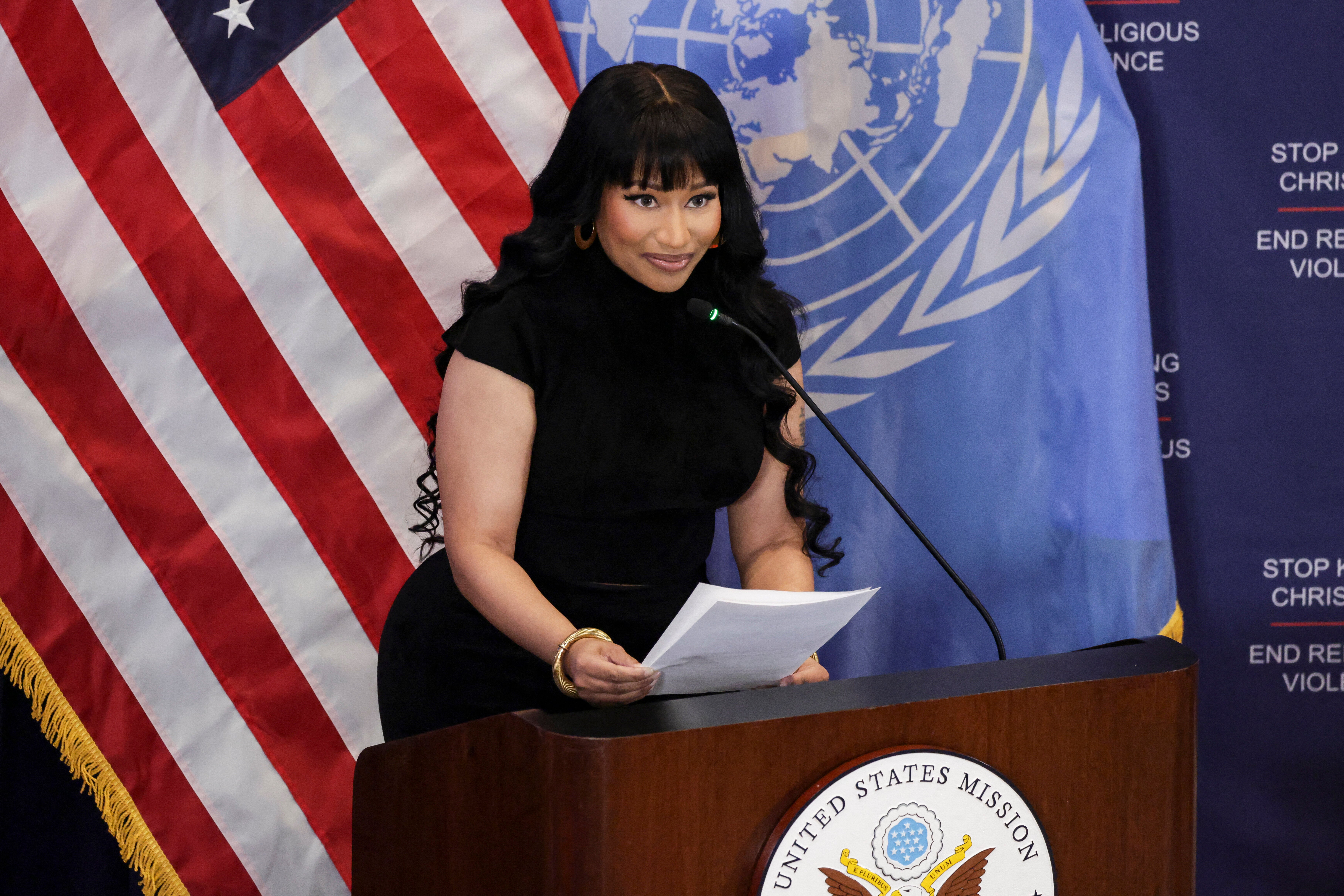 Trinidadian-U.S. rapper Nicki Minaj speaks during the panel discussion "Combatting Religious Violence and the Killing of Christians in Nigeria" at the US Mission to the United Nations in New York City, on Nov. 18, 2025.