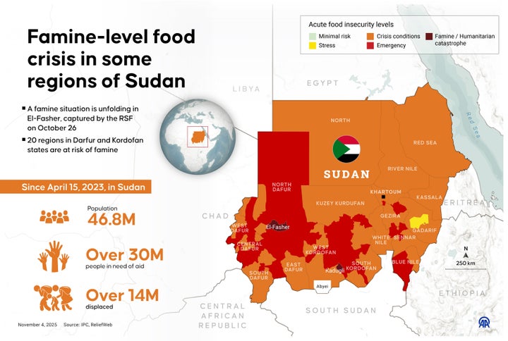 This infographic, created in Turkey on Nov. 4, 2025, shows the famine-level food crises that some regions of Sudan currently face.