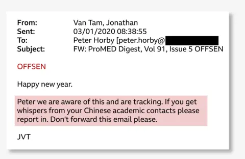 An email from Jonathan Van Tam addressed to Peter Horby saying: "Happy new year. Peter we are aware of this and are tracking. If you get whispers from your Chinese academic contacts please report in. Don't forward this email please."