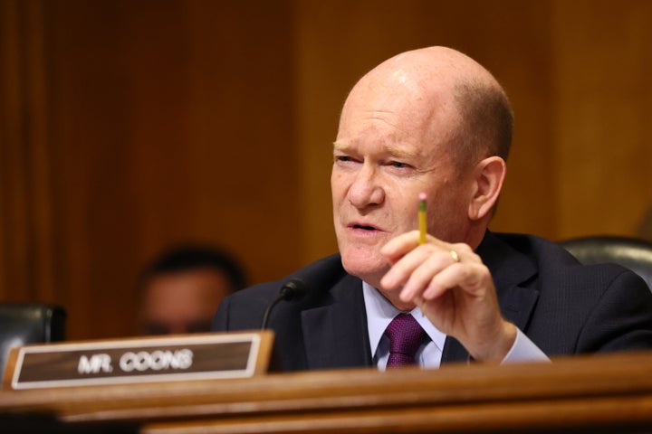 WASHINGTON, DC - JULY 15: Sen. Chris Coons (D-DE) speaks during a confirmation hearing before the Senate Committee on Foreign Relations in the Dirksen Senate Office Building on July 15, 2025 in Washington, DC. (Photo by Michael M. Santiago/Getty Images)