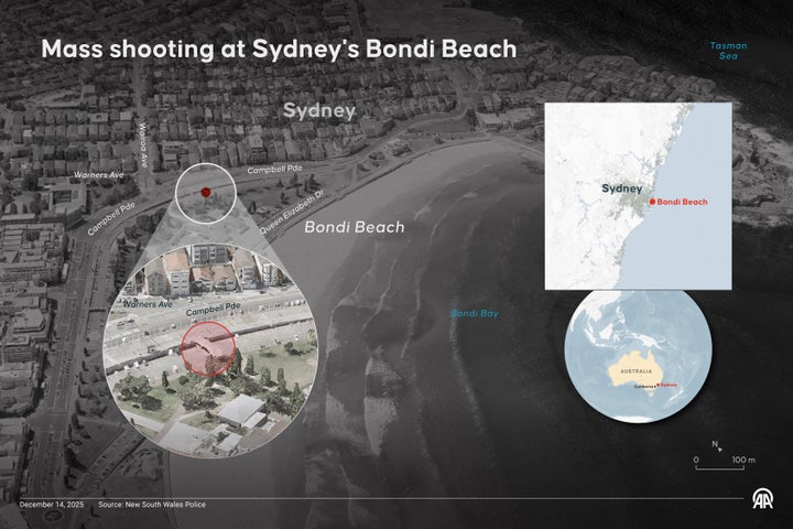 ANKARA, TURKIYE - DECEMBER 14: An infographic titled "Mass shooting at Sydney's Bondi Beach" created in Ankara, Turkiye on December 14, 2025. (Photo by Mehmet Yaren Bozgun/Anadolu via Getty Images)