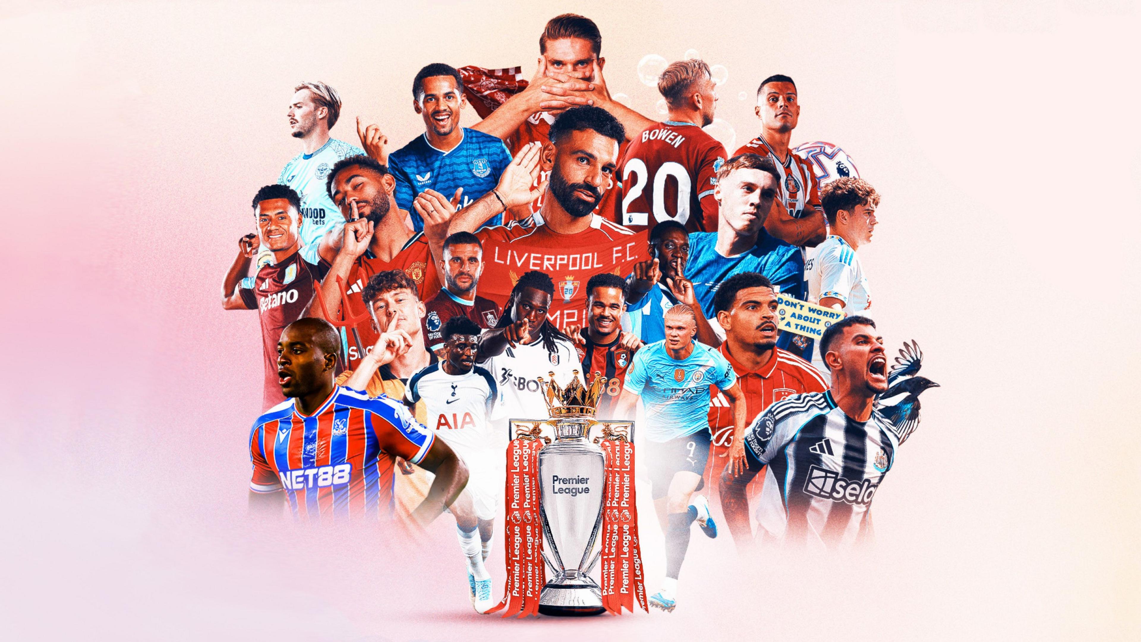 A graphic of Premier League players from every team in the division in 2025-26 season, with the Premier League trophy in front of them.