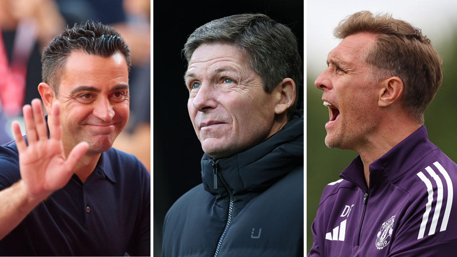 A split picture of former Barcelona manager Xavi, Crystal Palace manager Oliver Glasner and interim Manchester United manager Darren Fletcher