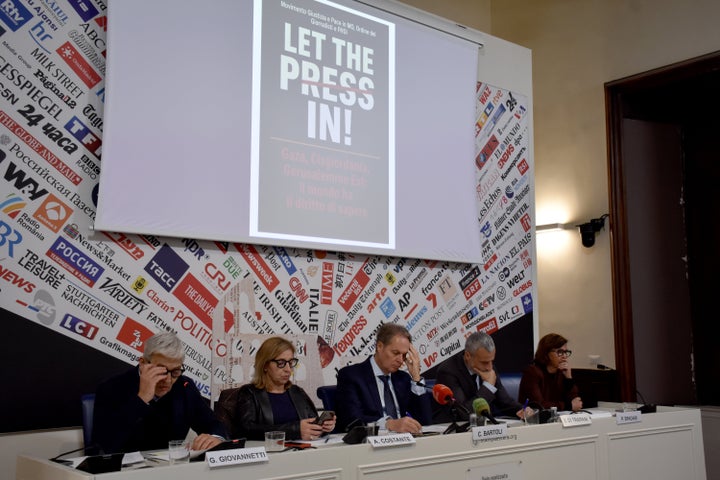 International press freedom leaders hold a joint press conference at the Foreign Press Association in Rome on Nov. 12, 2025. Representatives of the Italian National Press Federation, the National Council of the Italian Journalists' Union and the Movement for Justice and Peace in the Middle East called on the Italian government and the EU Commission to allow international press organizations and journalists to enter Gaza.