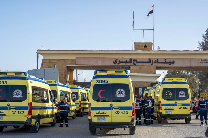 Ambulances line up to enter the Egyptian gate of the Rafah crossing on the way to the Gaza Strip, in Rafah, Egypt, on Feb. 1, 2026.