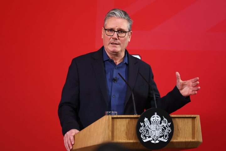 U.K. Prime Minister Keir Starmer delivers a speech at Horntye Park Sports Complex on Feb. 05, 2026, as he faces pressure to explain his decision to appoint Peter Mandelson as the U.K.'s ambassador to Washington.