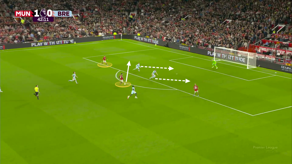 A screenshot showing Bruno Fernandes passing the ball against Brentford