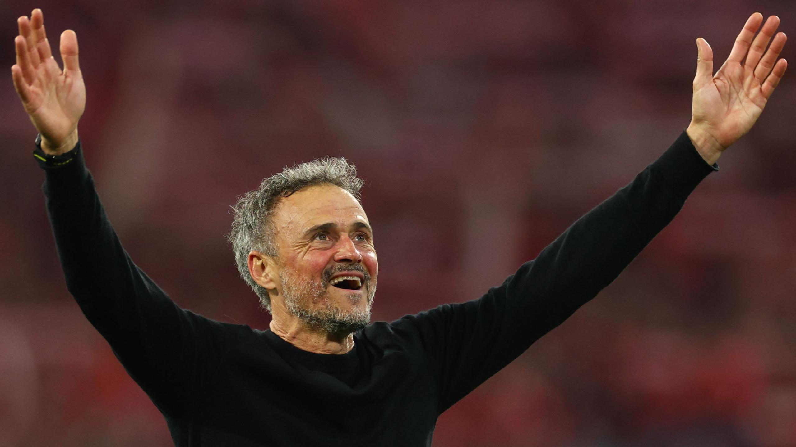 Paris St -Germain manager Luis Enrique celebrates after his side reached the 2026 Champions League final