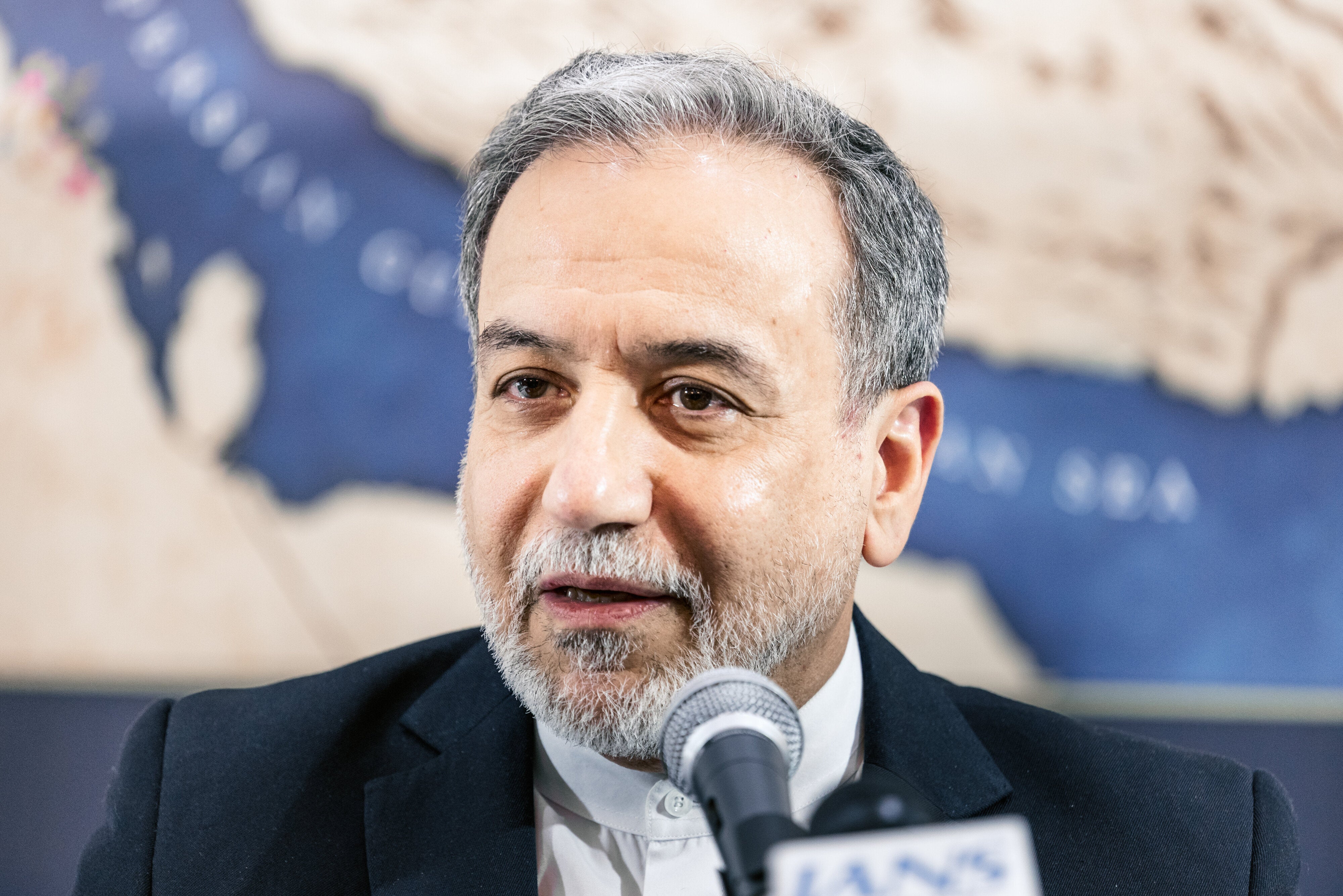 Iran's Foreign Minister Abbas Araghchi attends a press conference at the Iranian embassy on May 15, 2026 in New Delhi, India. (Photo by Elke Scholiers/Getty Images)
