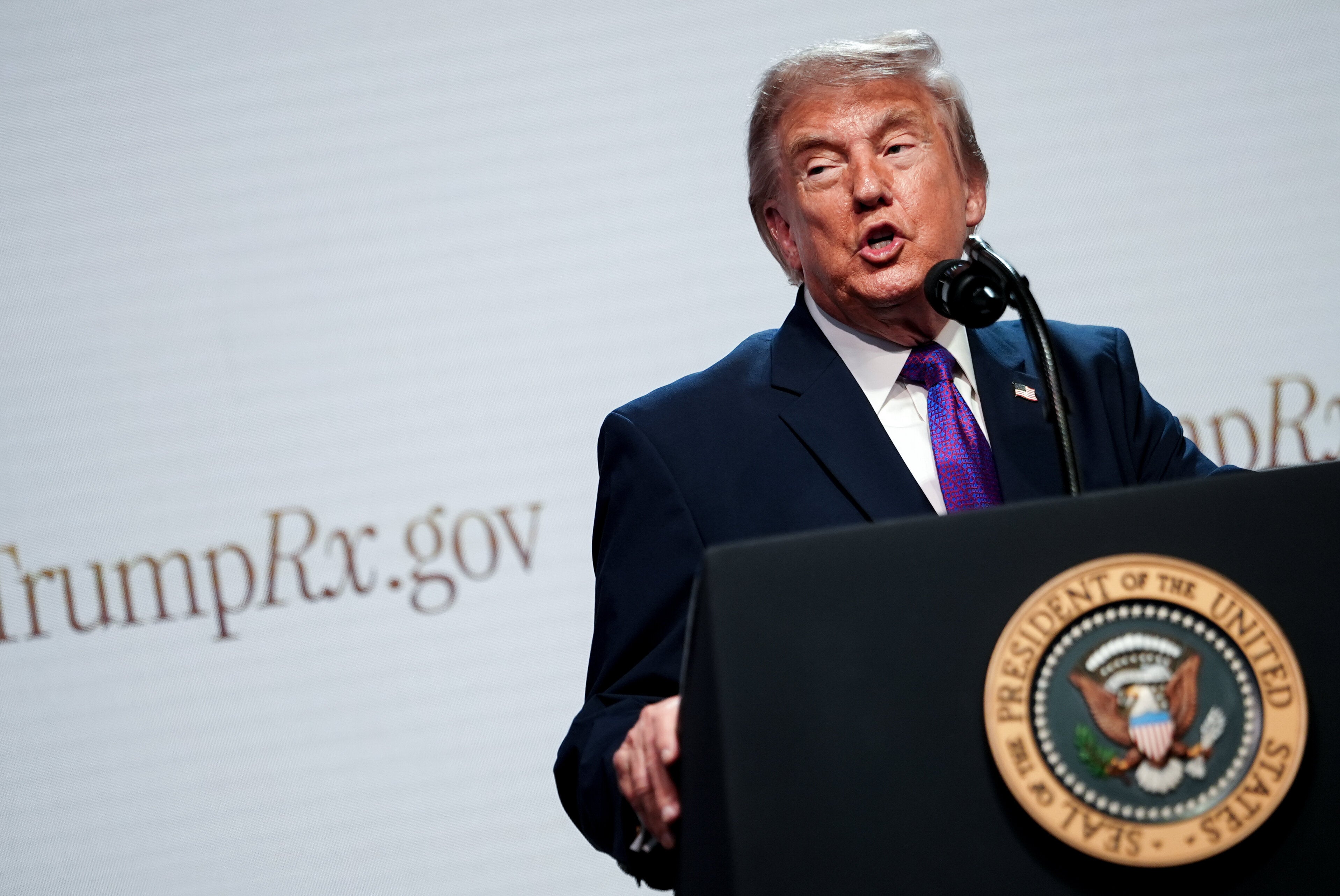 President Donald Trump speaks about prescription drug prices in the South Court Auditorium of the Eisenhower Executive Office Building, Monday, May 18, 2026, on the White House campus in Washington. (AP Photo/Julia Demaree Nikhinson)