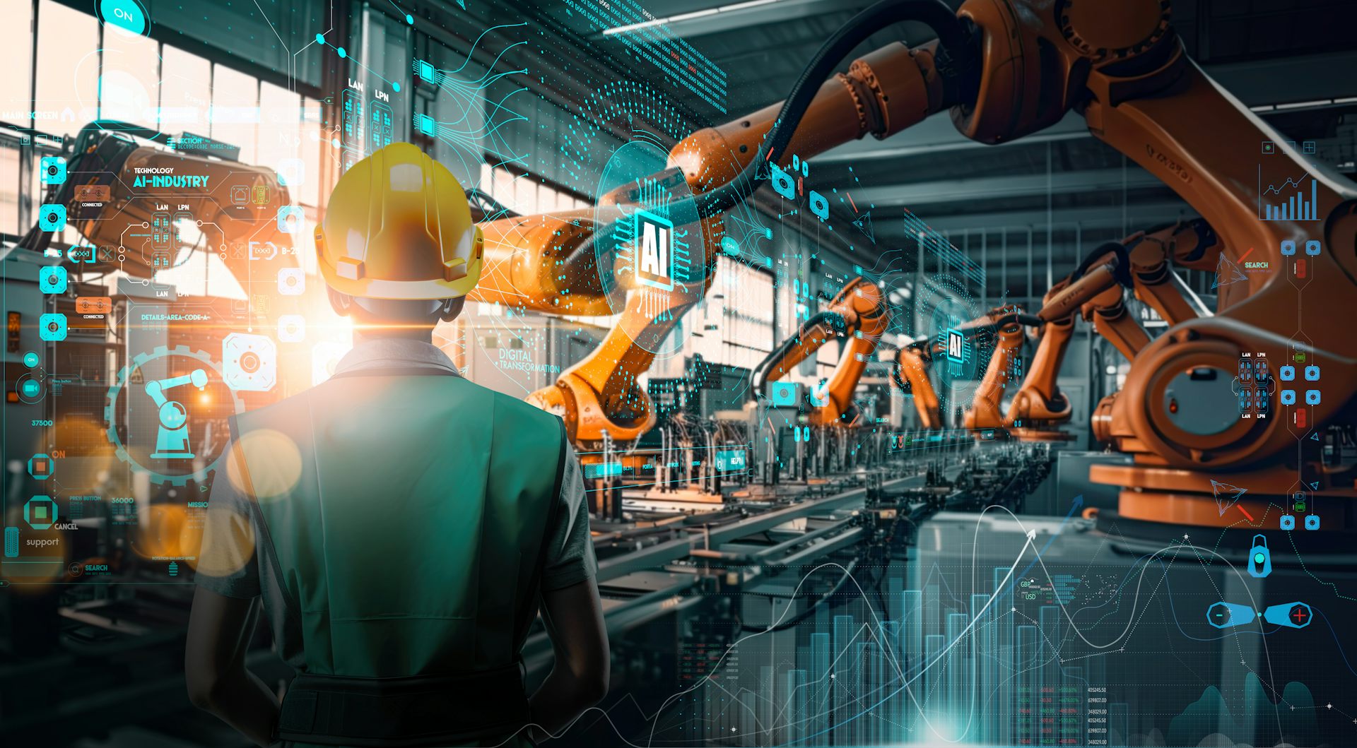 A female worker stands in front of AI-powered robotic arms in an automated factory.