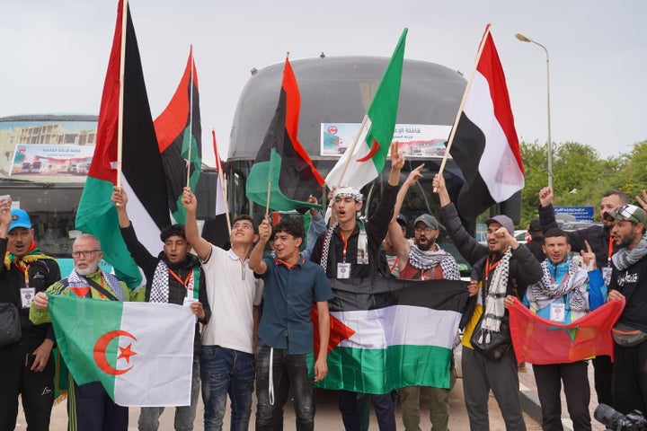 More than 350 activists from the Sumud Land Convoy launch their journey from the Libyan city of Zawiya for the Gaza Strip on May 15, 2026. Representing 30 different countries, the international delegation is transporting humanitarian aid to the besieged Palestinian territory.