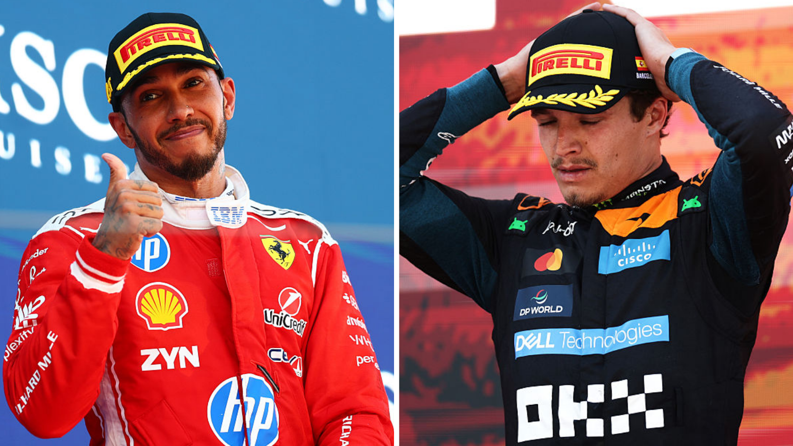 A split image of Lewis Hamilton and Lando Norris on hte podium in Barcelona