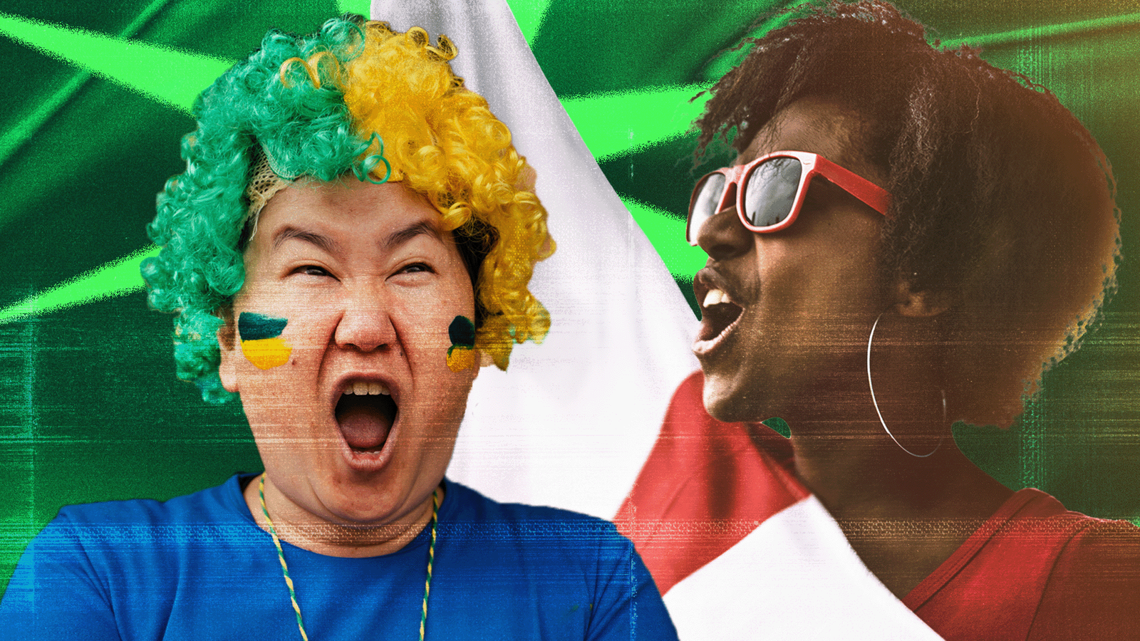 A woman wearing a green and yellow wig is pictured beside another woman wearing a red T-shirt and red sunglasses. Electric green World Cup branding is visible in the background