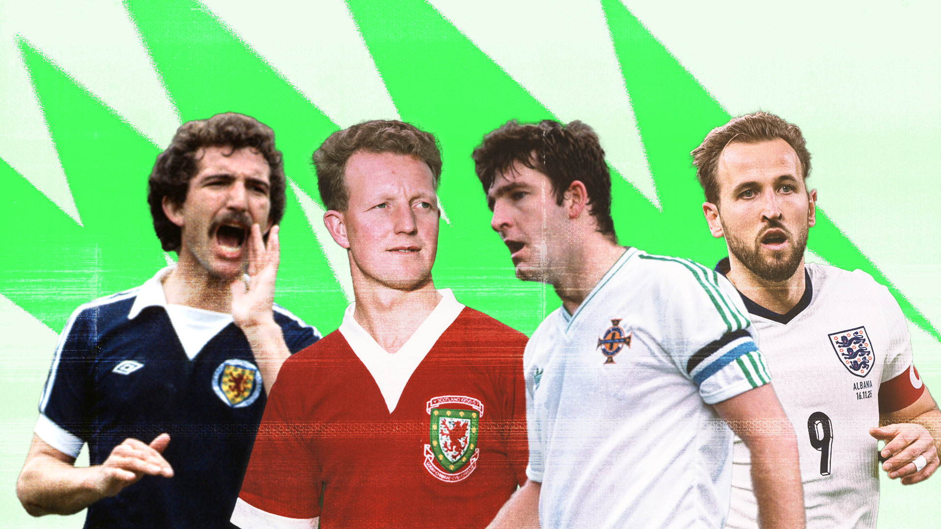 A stylised image of four football players. Graeme Souness is shown on the far left in a dark blue Scotland shirt shouting to team-mates. Ivor Allchurch is centre left in a red Wales shirt, with a neutral expression on his face. Norman Whiteside is centre right in a white Northern Ireland shirt, also with a neutral expression. Harry Kane is shown on the far right in a white England shirt with a captains armband, with a neutral expression. The players are superimposed on a green zigzag background.