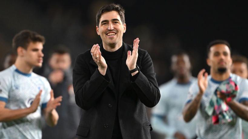 Manager Andoni Iraola applauds the fans