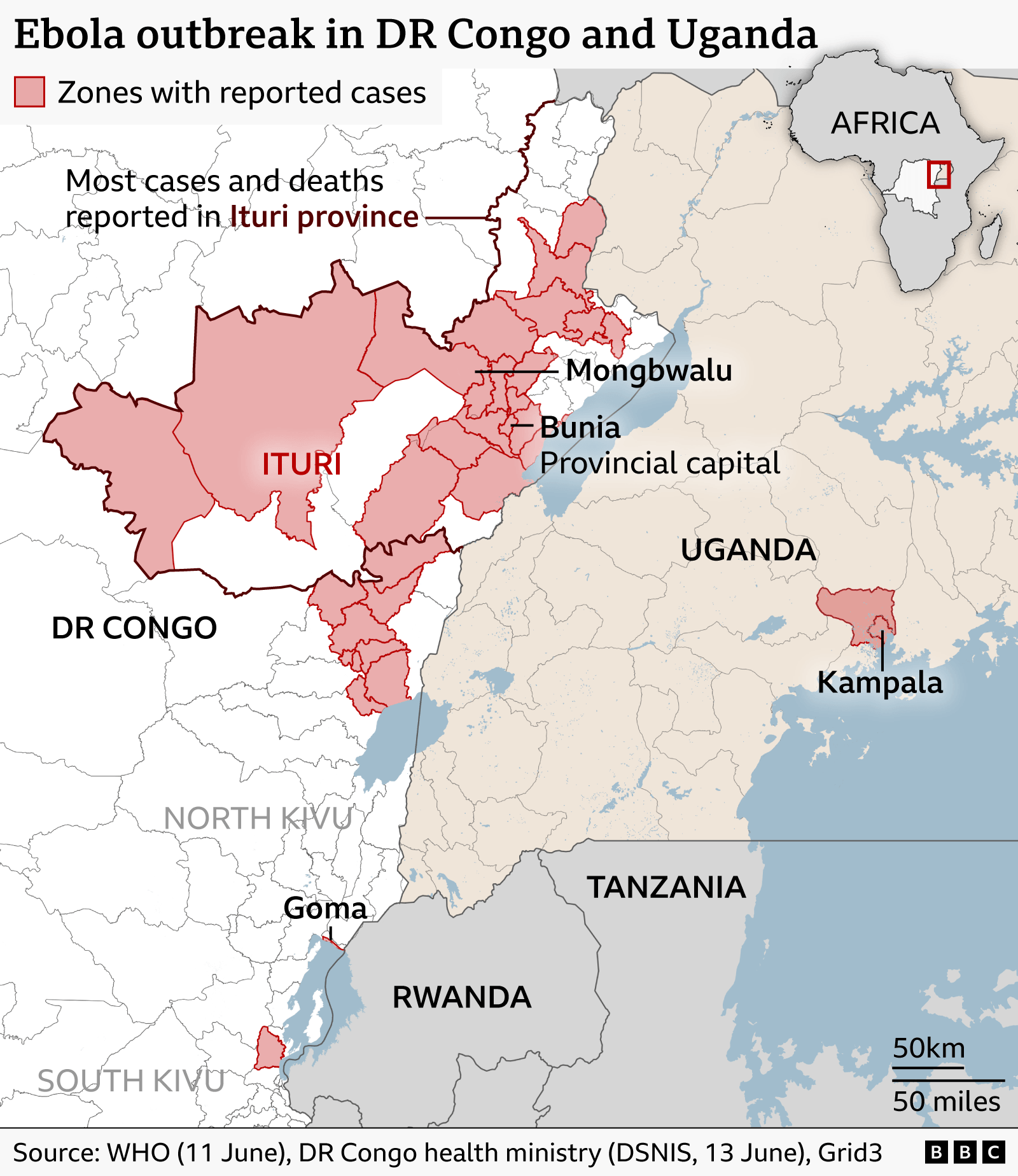 Map of DR Congo showing the areas where Ebola has been recorded, as well as Uganda where some cases have been recorded