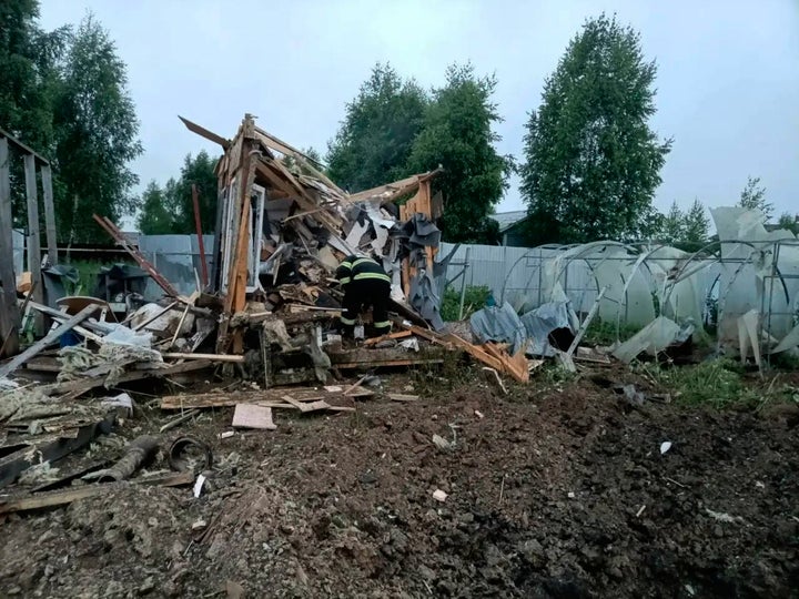 This photo released by Moscow Region Governor Andrei Vorobyev's official telegram channel shows the damage in a country side after a Ukrainian drone attack outside Moscow on Thursday, June 18, 2026. (Moscow Region Governor Andrei Vorobyev's official telegram channel via AP)