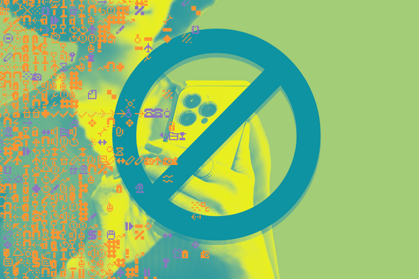 An illustration of a person holding an iPhone, with a circle around the phone and line through the circle.