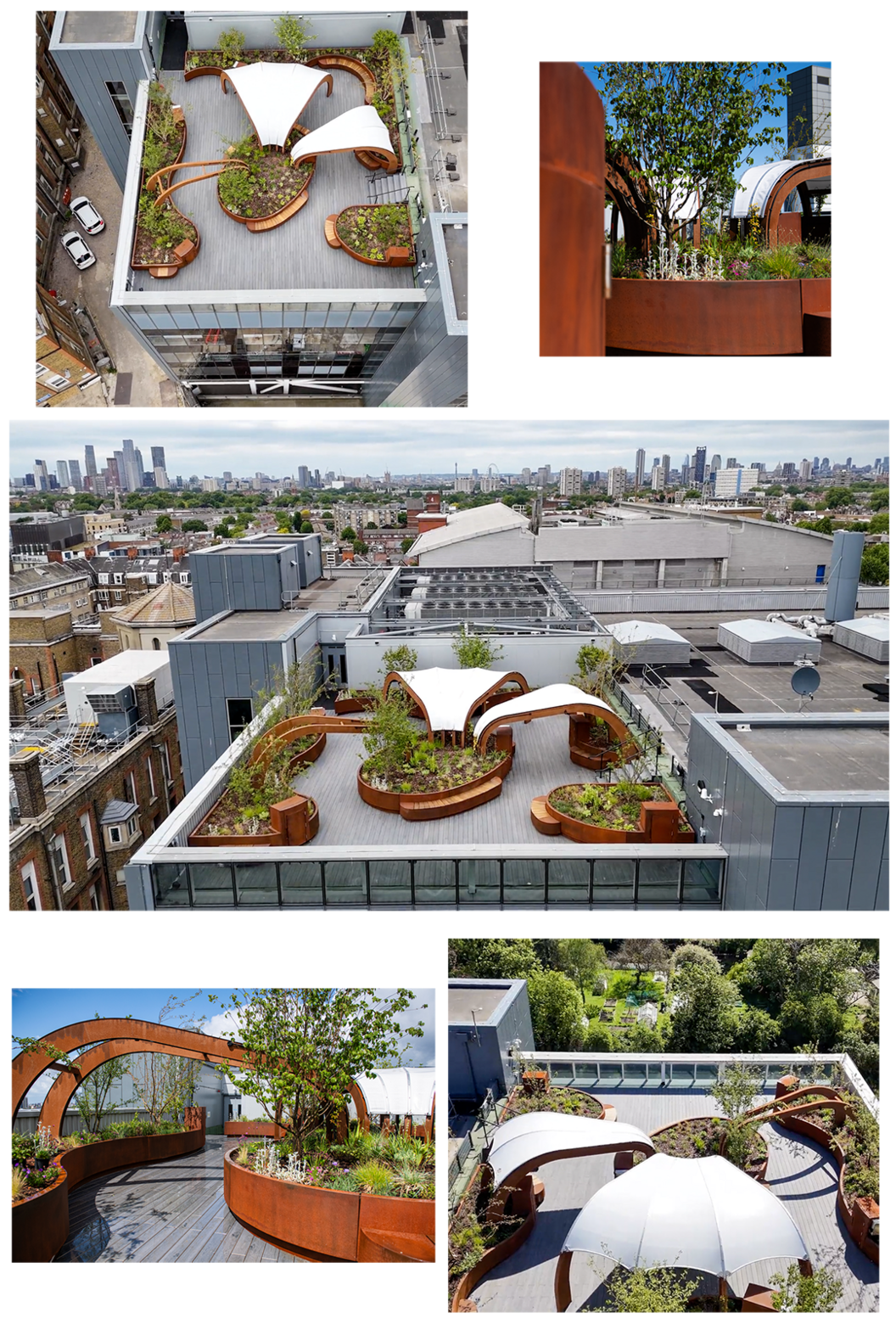 Ariel shots from a drone, combined with other photographs, show the canopies on the rooftop intensive care ward of King's College Hospital, south London