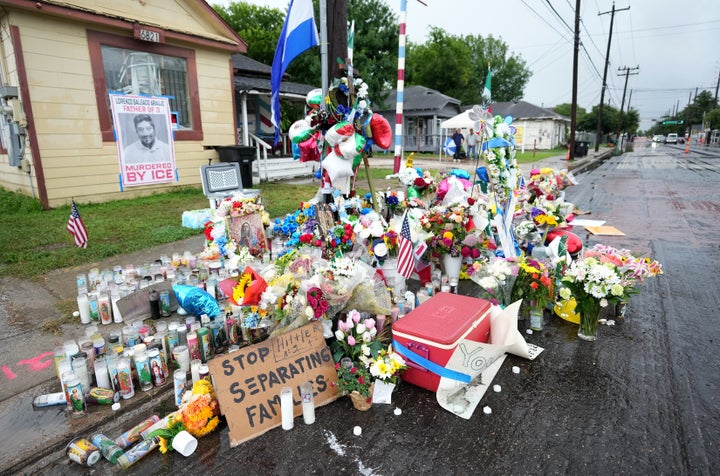 A memorial grows at the site where Lorenzo Salgado Araujo was fatally shot by ICE agents, last week, on Monday, July 13, 2026, in Houston. (AP Photo/Karen Warren)